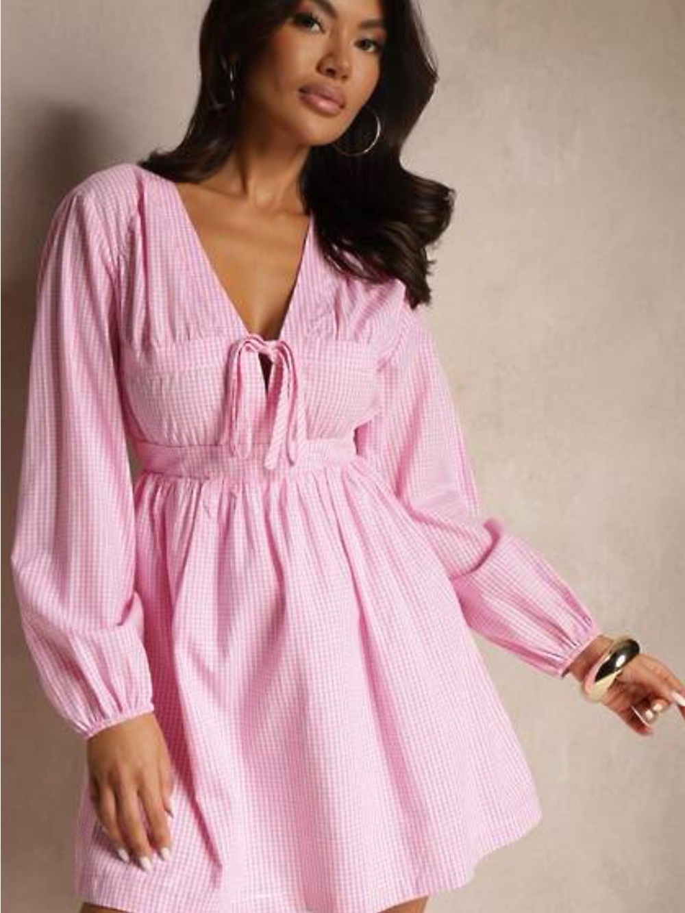 Pink Gingham Tie-Front Casual Dress